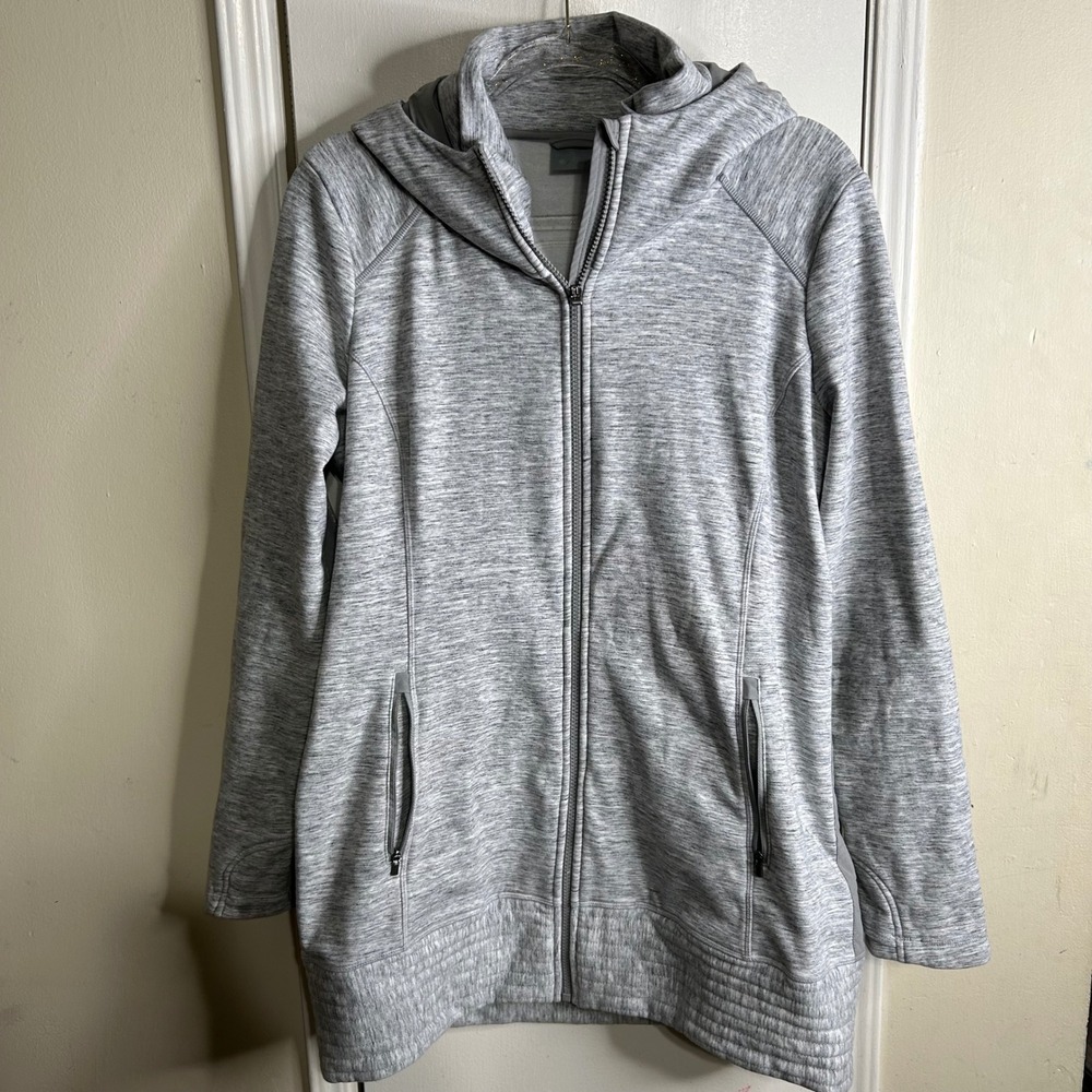 Athleta Womens Grey Space Dye Full Zip Hoodie Jacket Size Large Long Length READ